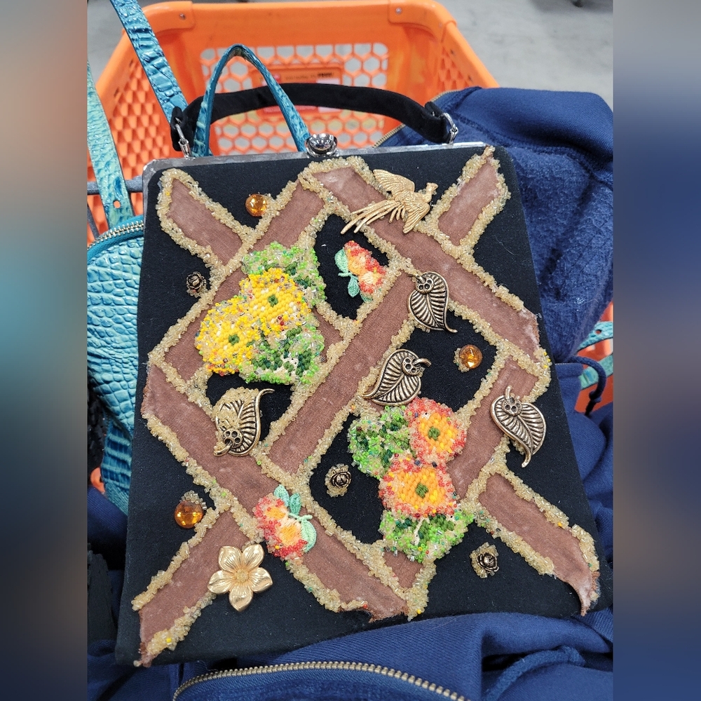 Mary Frances Vintage Embroidered Black and Brown Handbag with Floral Accents